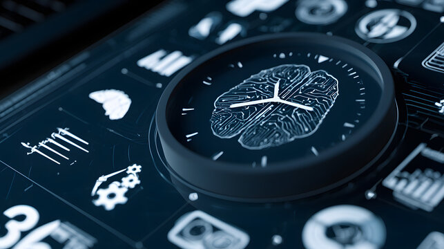 A detailed view of a time management and AI business strategy idea featuring a digital clock and productivity icons, an AI strategy concept, time management imagery, and efforts to reduce costs