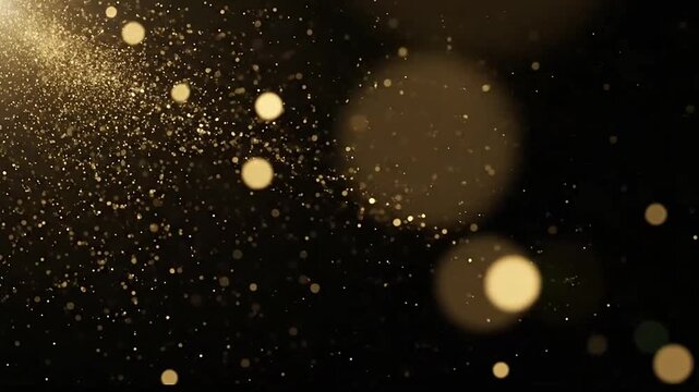Golden particles and bokeh lights on black background.