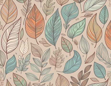 hand drawn doodle leaves seamless pattern light pastel b