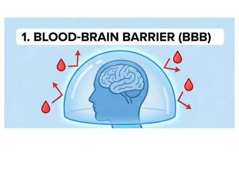 Blood-brain barrier protective mechanisms are illustrated through a semi-permeable dome shielding the human brain from harmful substances circulating within the bloodstream of the body.