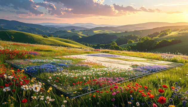 Sunset Over Vibrant Wildflower Meadow and Rolling Hills Landscape