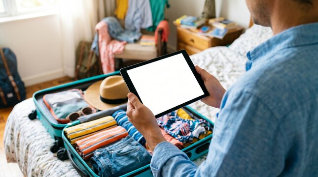 A woman holds a smartphone while packing a suitcase filled with clothing in her bedroom. The concept illustrates travel preparation, organization, and modern technology in everyday life. Generative AI