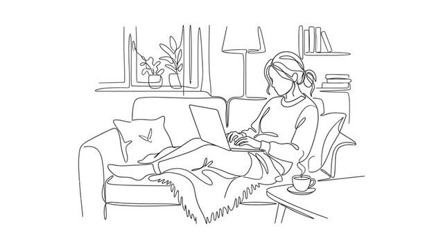 A woman sitting on a couch working on her laptop in a cozy home environment.