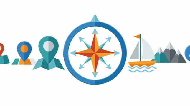 A colorful compass with a sailboat, mountains, and location icons