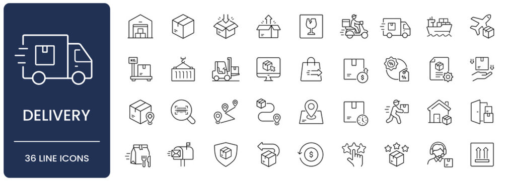 Delivery icon set. Collection of shipping logistic, courier transportation, parcel tracking and e-commerce fulfillment line icon vector illustration with editable stroke.