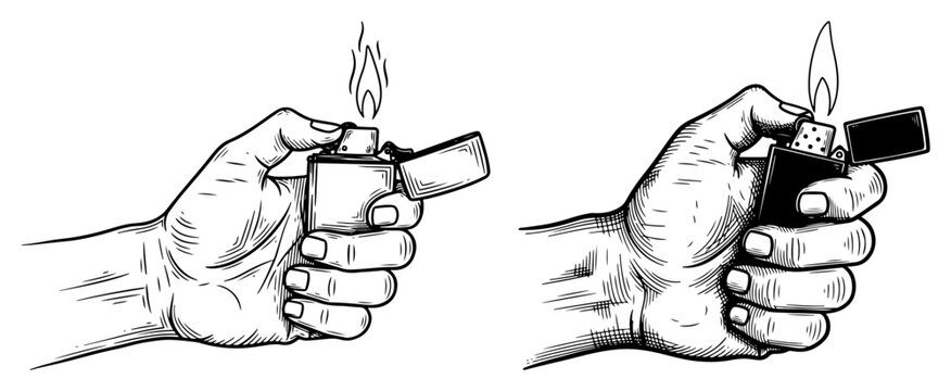 Hands holding and lighting metal flip top lighters vintage woodcut engraving style