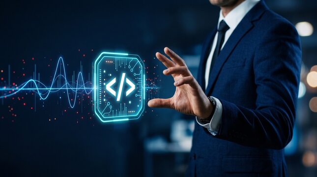 Businessman using AI code interface with binary symbols and data analytics on futuristic screen
