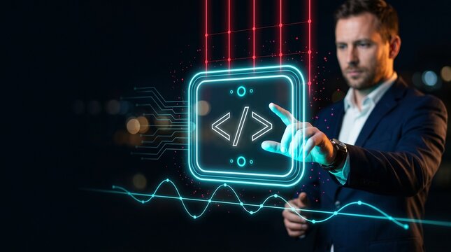 Businessman using holographic code symbols and futuristic interface for software development
