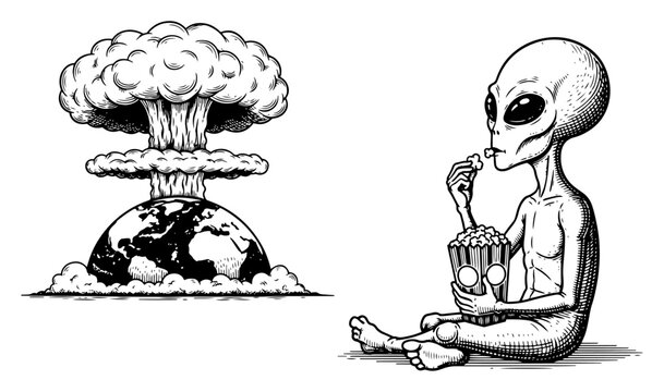 Alien eating popcorn while watching nuclear explosion on earth in vintage woodcut style