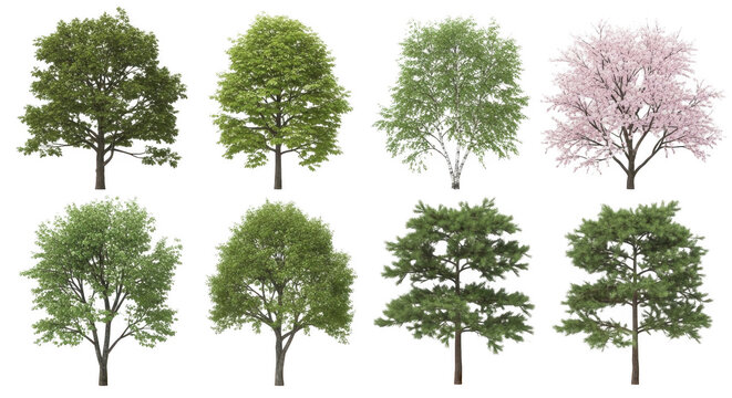 Set of eight isolated deciduous trees with green foliage and one pink flowering cherry tree, arranged in two rows against a solid black
