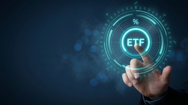 Hand touching holographic ETF trading interface with analytics and percentage growth data