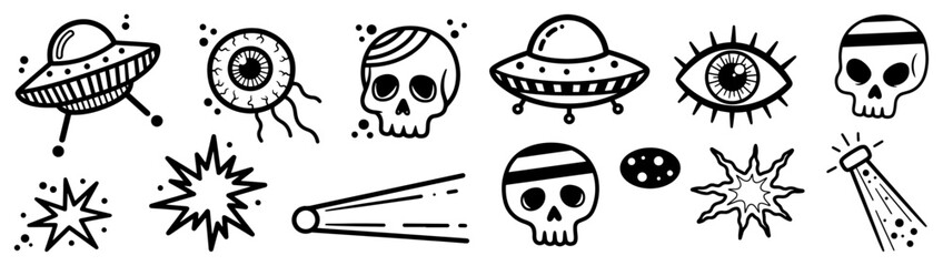 Collection of small doodles including UFOs skulls and eyeballs in vintage line art style © Wera