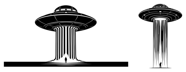 UFO flying saucers beaming light down onto human silhouette in minimalist graphic style © Wera
