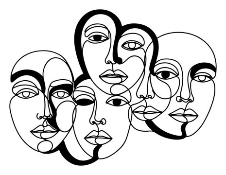 Overlapping human faces created with continuous line art style