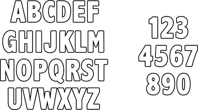 Bubble font alphabet and numbers line art vector set for kids coloring page activities and creative text typography design