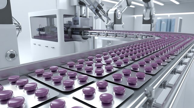 Drug manufacturing process. Conveyor with medical ampoules line at a modern pharmaceutical plant. Pharmacology production, medicine industry from laboratory 2 factory, pharmacy. Healthcare, pharma 3D