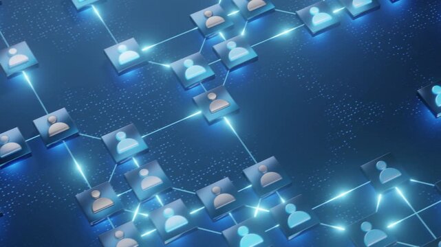 AI HR recruitment background shows candidate icons connected by glowing data lines in a panning digital scene, symbolizing hiring networks, talent search, workforce analytics, and automated screening.