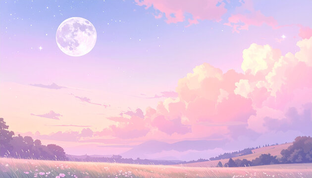 Dreamy Pastel Anime Landscape with Full Moon and Pink Clouds