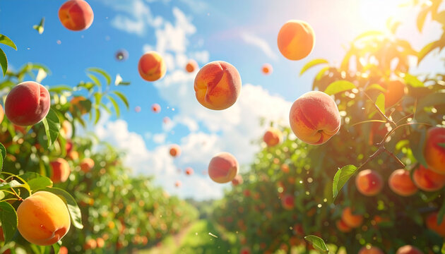 Ripe Peaches Falling from Trees in Sunny Summer Orchard