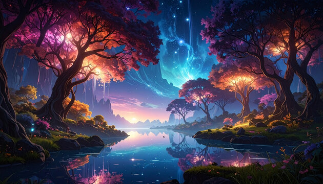 Enchanted Fantasy Forest with Glowing Trees and Cosmic Night Sky