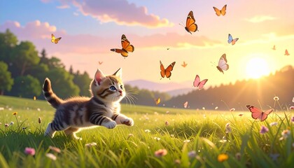Playful Tabby Kitten Chasing Butterflies in a Sunny Summer Meadow