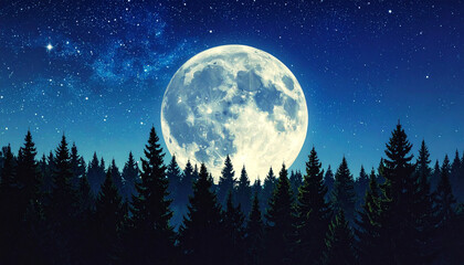 Full moon rising over dark pine forest silhouette under starry sky
