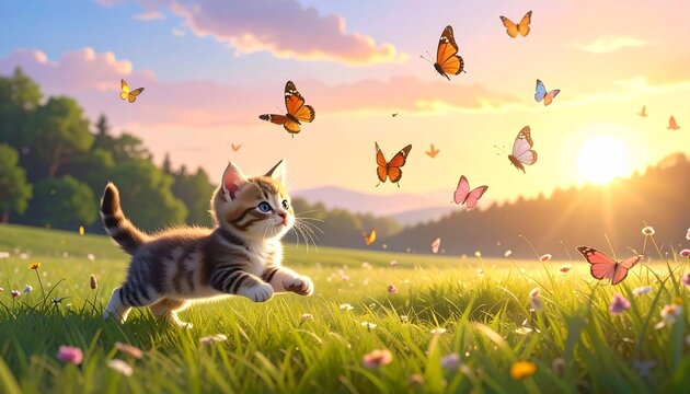 Playful Tabby Kitten Chasing Butterflies in a Sunny Summer Meadow