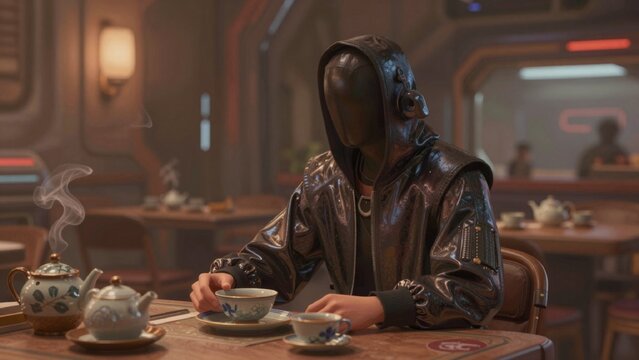 Person sitting table restaurant cafe wearing black leather jacket hood covers head shoulders covering face hol