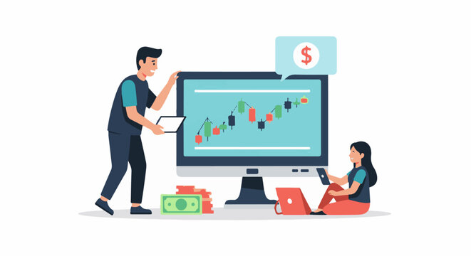 Two people analyzing stock market data on a large computer monitor