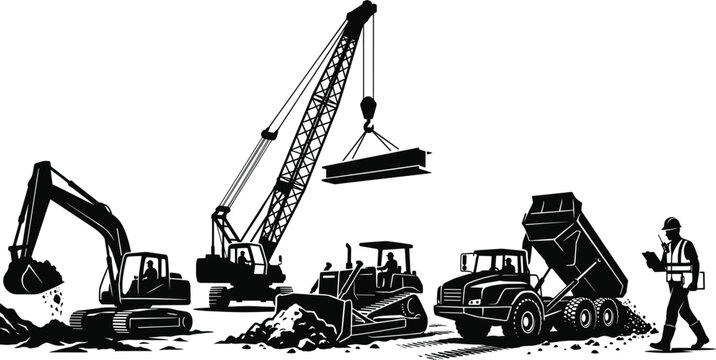 Set of construction site silhouettes featuring heavy machinery like cranes excavators dump trucks and a site manager working together on a building project design