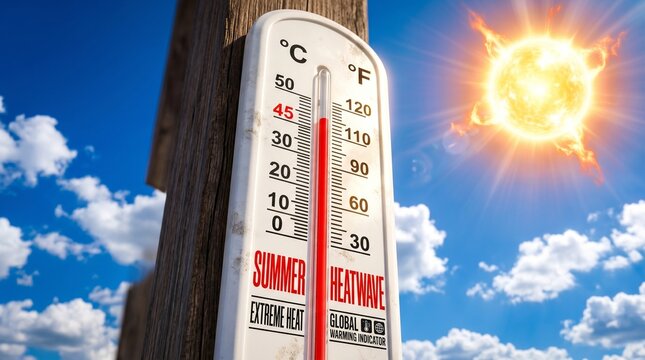 A white plastic thermometer showing extremely high temperature readings during a scorching summer heatwave with bright red liquid rising to indicate record breaking global warming trends.