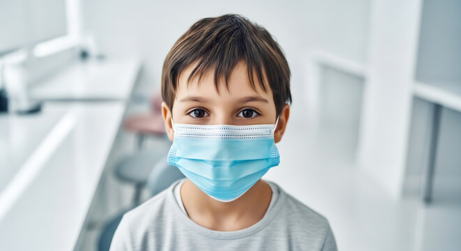 Young boy with dark hair wearing a blue surgical face mask and looking directly at the camera indoors.