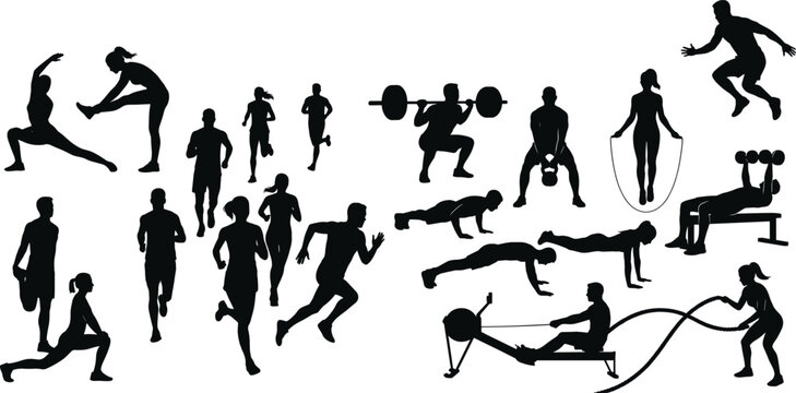 Set of fitness and workout silhouettes showing people running stretching lifting weights and exercising isolated on white background for health and sports design projects