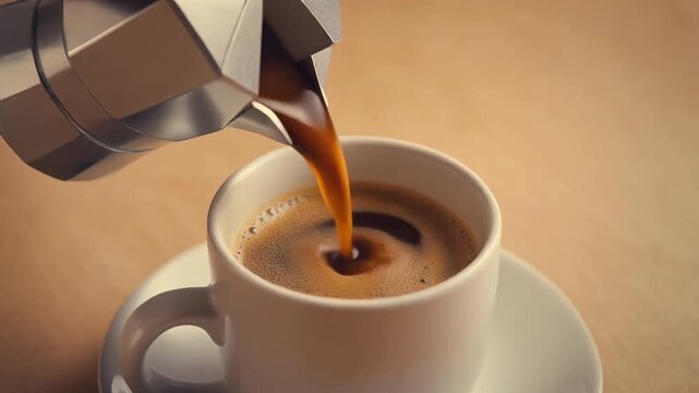 coffee pouring into cup, warm tone, minimal background