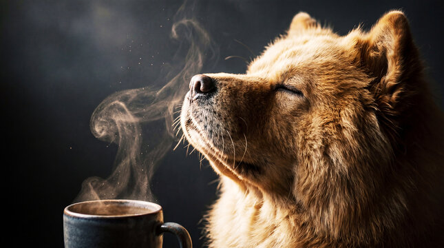 Cinematic close-up of a fluffy dog savoring the aroma from a mug, eyes closed in bliss, steam rising, moody dark background