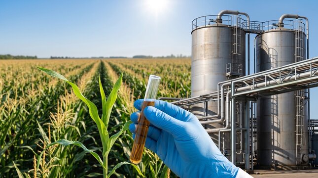 A scientist wearing blue protective latex gloves holds a glass test tube filled with golden biofuel liquid while inspecting a green corn crop for energy production.