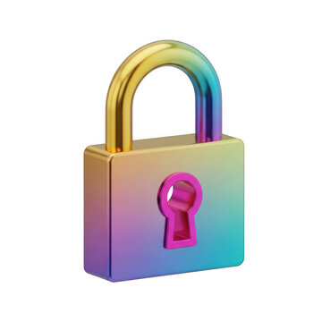 Colorful padlock with rainbow keyhole and key icon isolated on transparent background