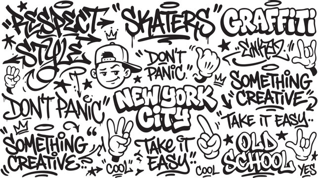 Graffiti illustration of a young man surrounded by urban street art phrases and words in a vector graphic design with a New York City theme