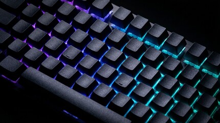 Fototapeta premium Close-up shot of a modern mechanical keyboard with customizable RGB backlighting, creating a vibrant and futuristic aesthetic