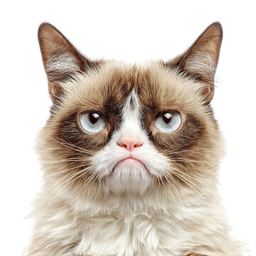 PNG of Close-up of a grumpy cat with striking blue eyes and fluffy fur.
