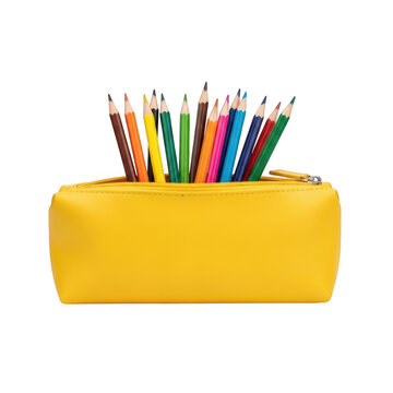 Colorful pencils standing in a yellow pencil holder isolated on transparent background