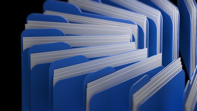 Data management concept with blue folders and organized document files in close up, symbolizing digital archives, file storage, business records, information systems, and secure office workflow.