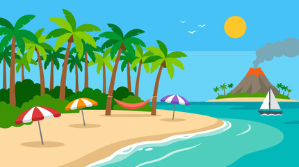 Obraz premium Tropical Beach Paradise Illustration with Palm Trees, Umbrellas, and Volcano