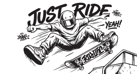 Skateboarder performing aerial stunt with helmet and graffiti text vector illustration © Ajoy