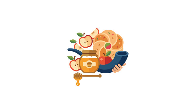 Traditional Rosh Hashanah Symbols with Honey and Shofar Illustration