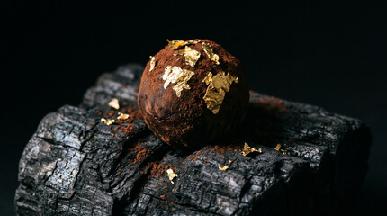 Obraz premium A chocolate cream truffle dusted with edible gold leaf, resting on a rough piece of charcoal.