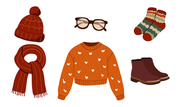 Autumn winter clothing collection Hand Drawn illustration isolated on transparent background