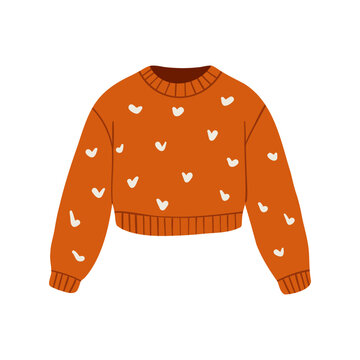 Orange knitted sweater with heart pattern hand drawn illustration isolated on transparent background