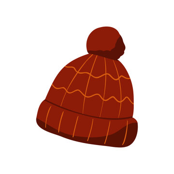 Red knitted winter hat with pompom hand drawn illustration isolated on transparent background
