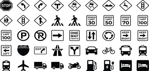 Fototapeta premium Traffic Sign Icons Black And White Vector Illustration Set